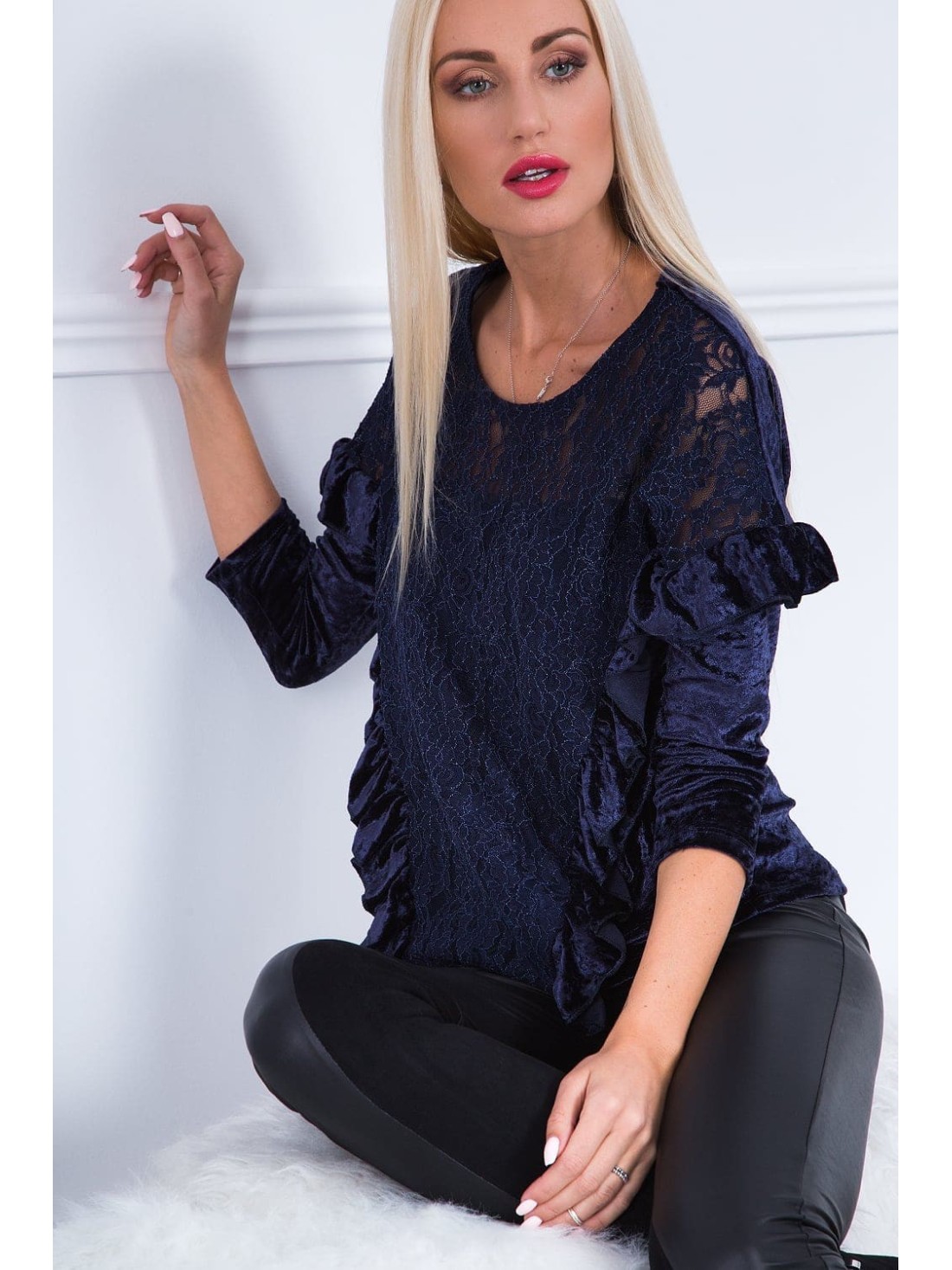 Bluza cu dantela din catifea zdrobita, bleumarin MP28514 - Magazin online - Boutique